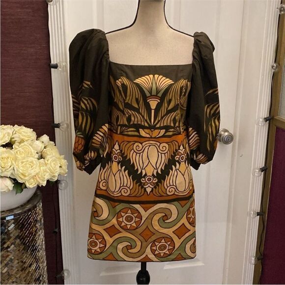 Johanna Ortiz Elegant Brown and Orange Patterned puffy sleeves mini Dress, US8 - Picture 6 of 14